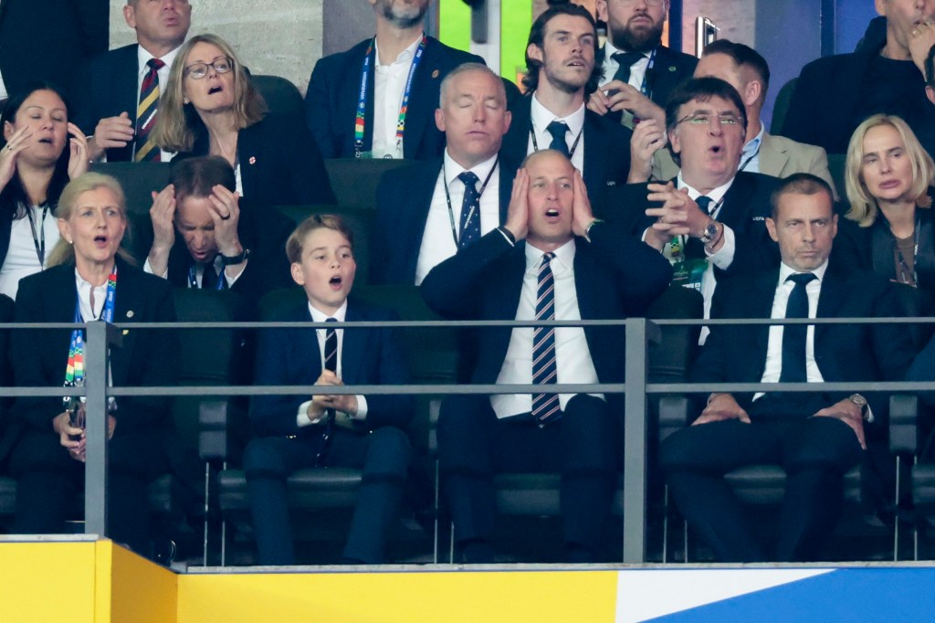 BERLIN, GERMANY - JULY 14: FA Chair Debbie Hewitt, Prince George of Wales and Prince William, Prince of Wales, UEFA President Aleksander Ceferin, above UEFA General-Secretary Theodore Theodoridis, Gareth Bale during the UEFA EURO 2024 final match between Spain and England at Olympiastadion on July 14, 2024 in Berlin, Germany. (Photo by Jean Catuffe/Getty Images)