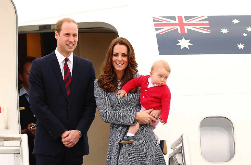Prince William and Kate Middleton with Prince George on the steps outside an airplane during their tour of Australia and New Zealand.